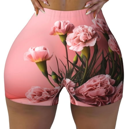 Workout Shorts Women  Delicate Pink Carnations A Biker Shorts for Women Running Gym Spandex Shorts Tummy Control