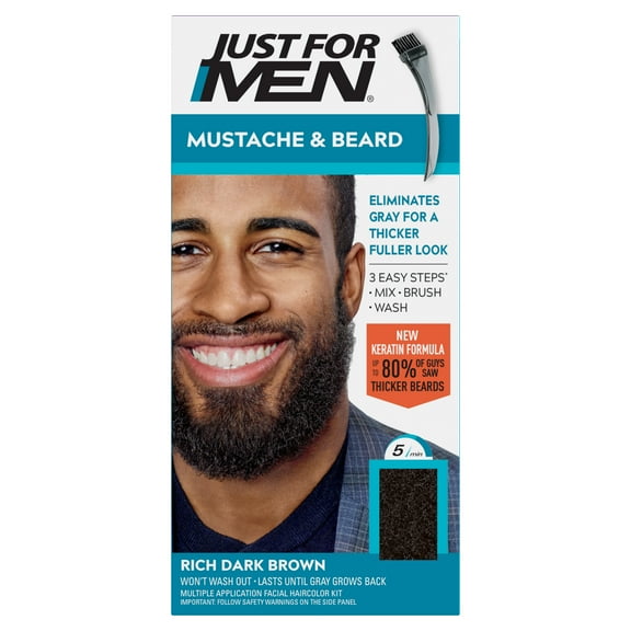 Just For Men Mustache & Beard, Beard Dye for Men with Brush Included for Easy Application, With Keratin Biotin Aloe and Coconut Oil for Healthy Facial Hair - Rich Dark Brown, M-47, Pack of 1
