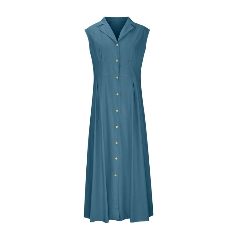 UVEASISHA Womens Sleeveless Maxi Dress Cotton Linen Collared Button Down Shirt  Dresses Flowy Pleated Business Work Dresses Blue L - Walmart.com