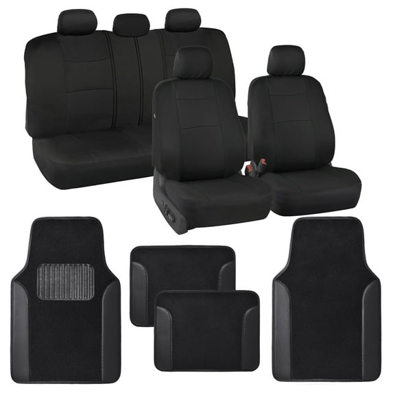 BDK PolyPro Black / Gray Car Seat Covers Full Set with Matching Carpet Floor Mats - Automotive Seat Covers for Cars Trucks SUV - Includes Split Bench Rear Seat Cover - Interior Car Accessories