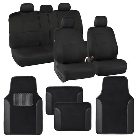 BDK PolyPro Black Car Seat Covers Full Set with Matching Carpet Floor Mats - Automotive Seat Covers for Cars Trucks SUV - Includes Split Bench Rear Seat Cover - Interior Car Accessories