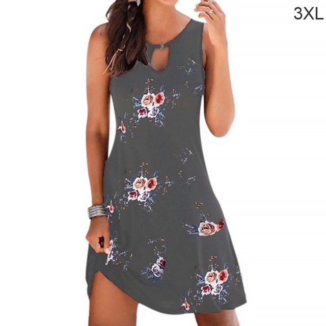 Robe Bohème Femme Vêtements de Plage Robe Bohème Robe Sans Manches Mini, Gris, Imprimé, TG