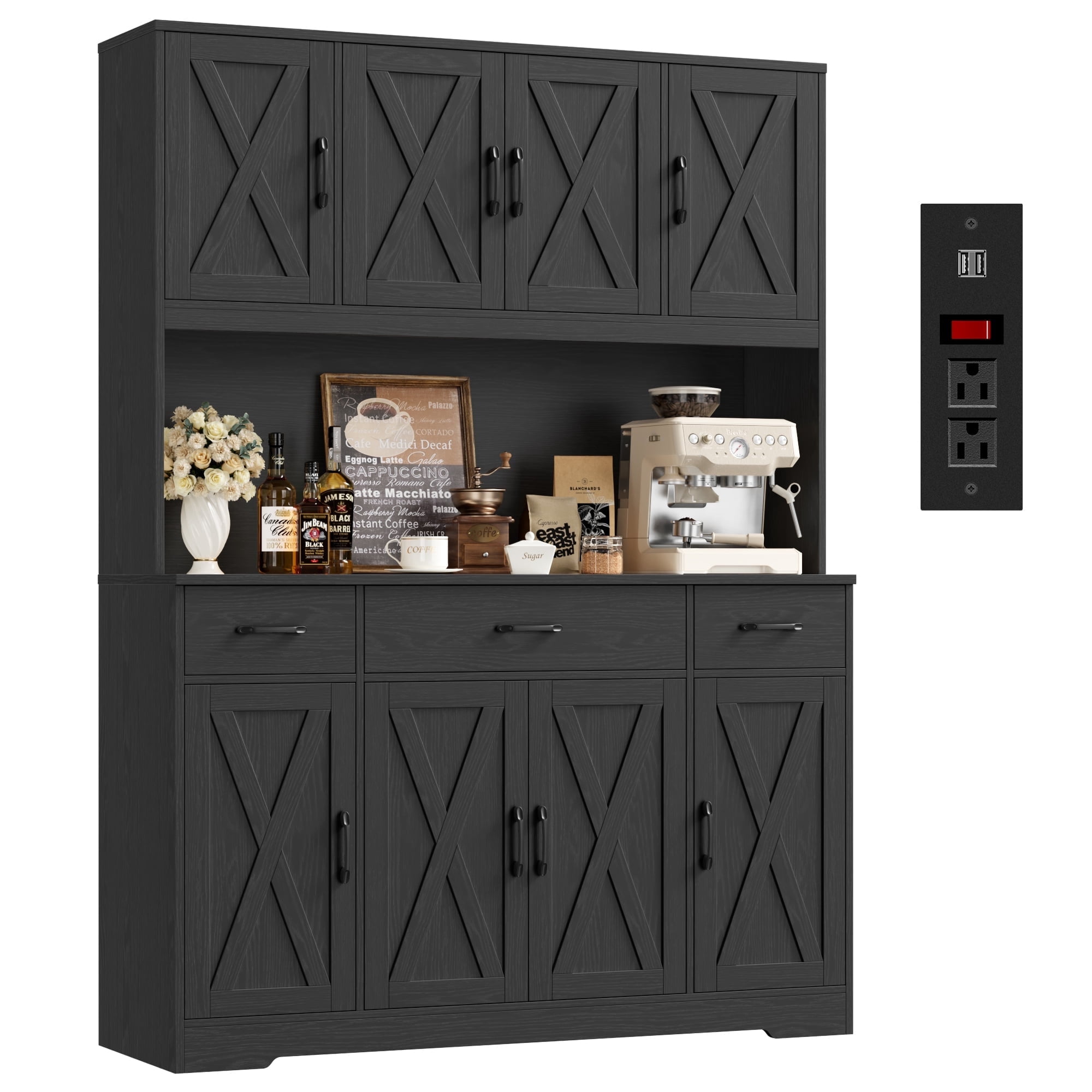 Homfa Kitchen Pantry with Hutch and Drawers, 71" Tall Storage Cabinet with 55" Wide Countertop and Built-In Power Outlet, Farmhouse Coffee Bar for Dining Room, Black Bark Grain