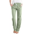 thumbnail image 2 of WREESH Womens Cotton Linen Pants Casual Wide Leg Pants Solid Elastic Waist Loose Long Pants with Pocket Green, 2 of 6