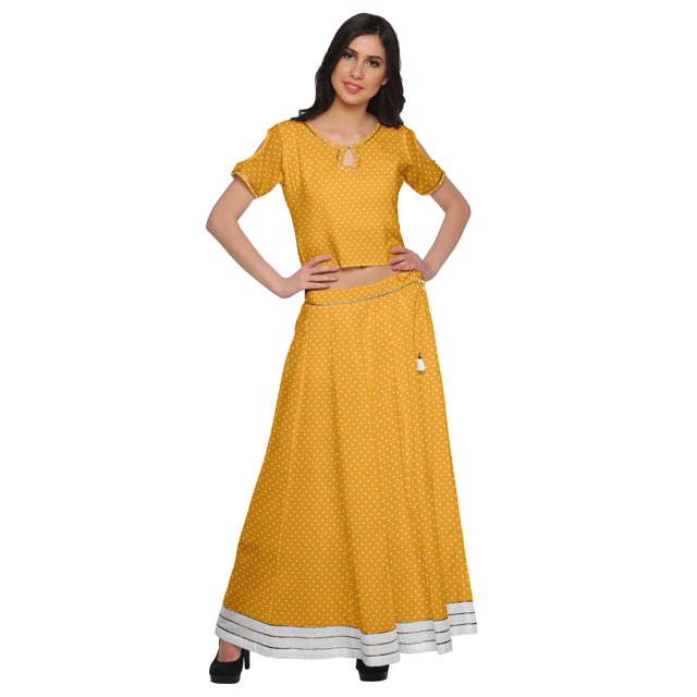 Moomaya Printed Ethnic Wear Long Skirt And Cold Shoulder Crop Top Set For Girls