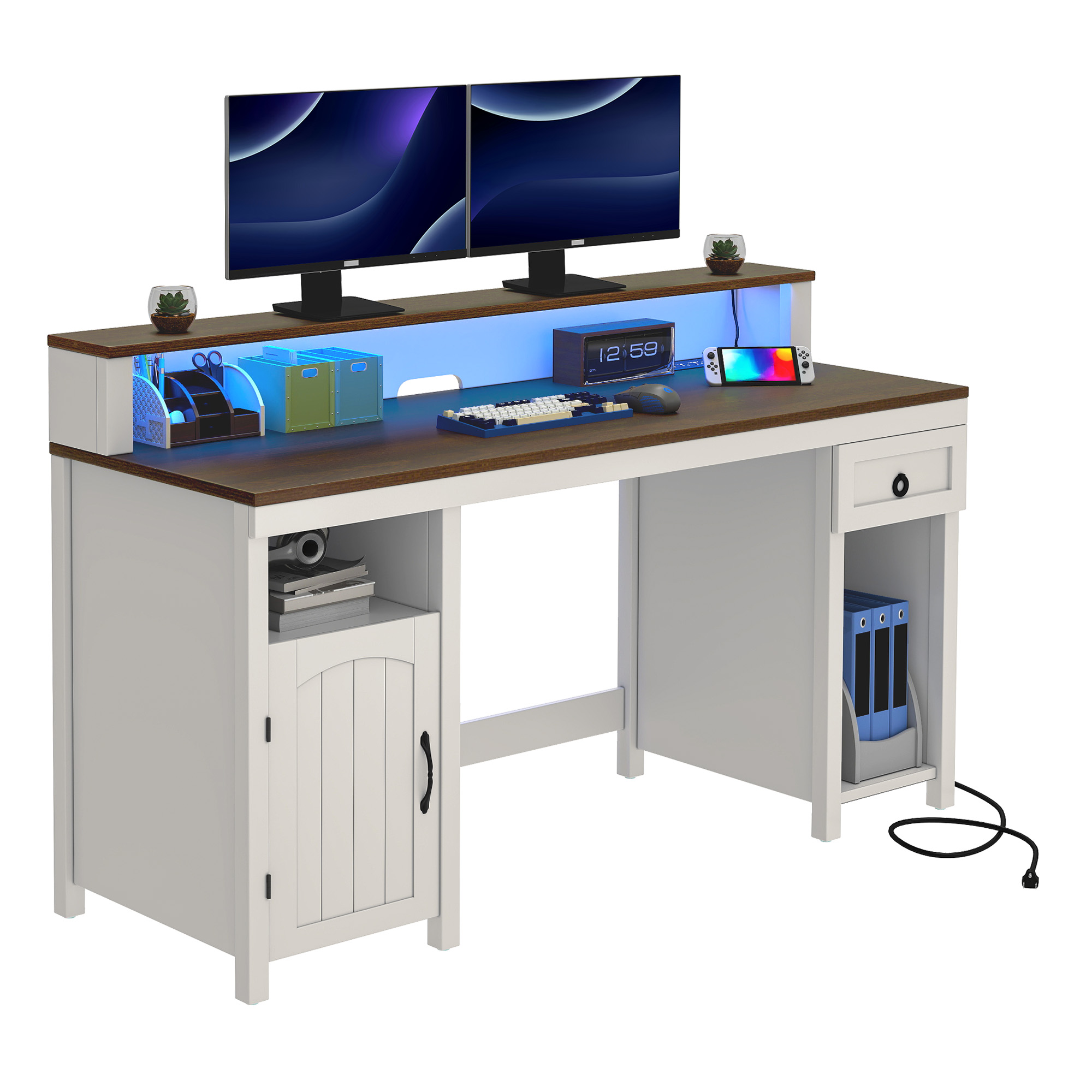 Uforic Office Computer Desk with LED Lights & Storage Shelves, Gaming Desk with Drawer & Door, White