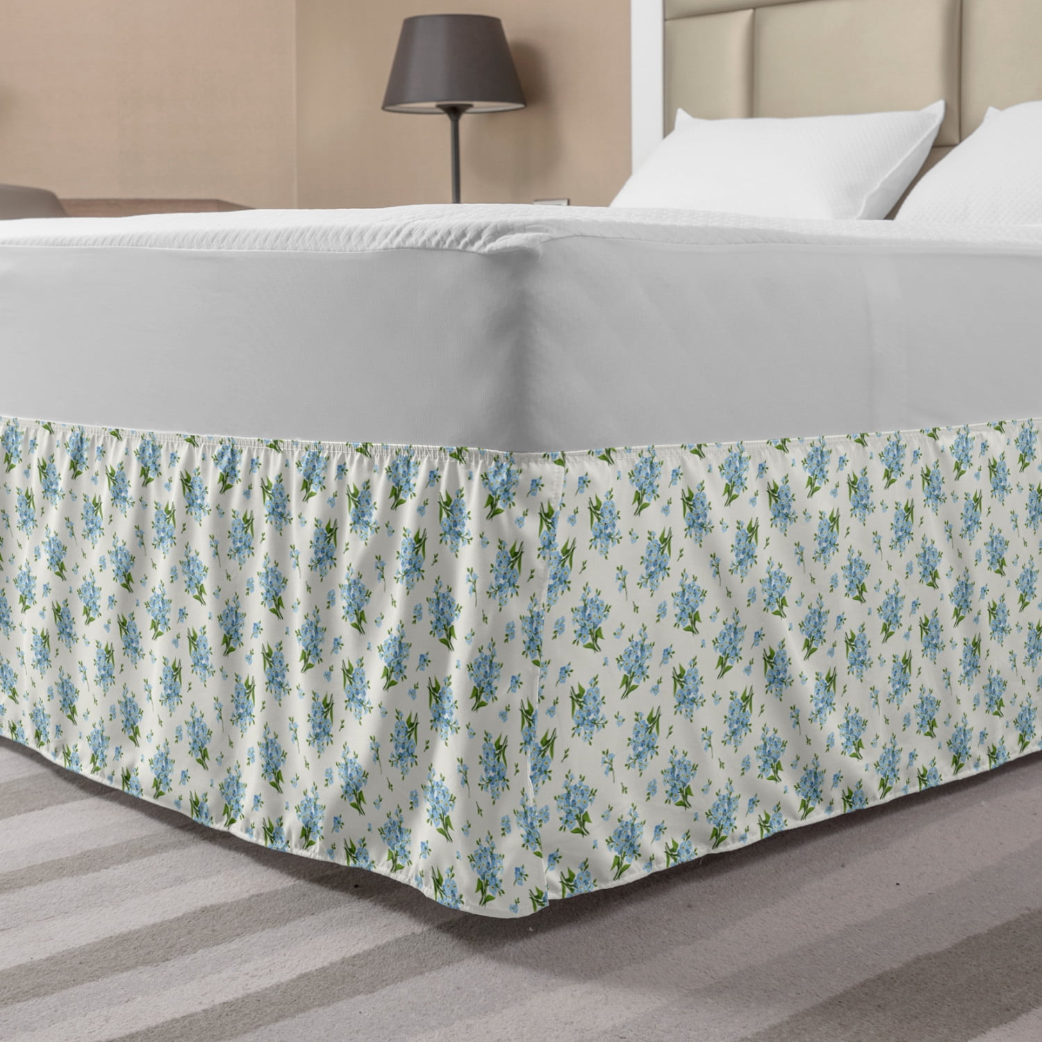 Ivory and Blue Bed Skirt, Flowers Pattern Fresh Foliage