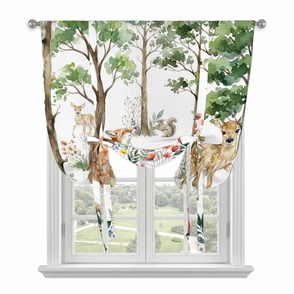 Spring Forest Animals Tie Up Curtains for Windows, Adjustable Balloon Window Shades, Floral Botanical Trees Kitchen Window Treatments Adjustable Roll Up Curtain for Basement/Nursery 52"x45"