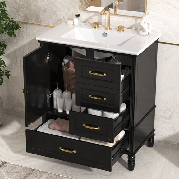 DTTRA 30" Freestanding Bathroom Vanity with Ceramic Sink, 1 Door and 3 Drawers, Black