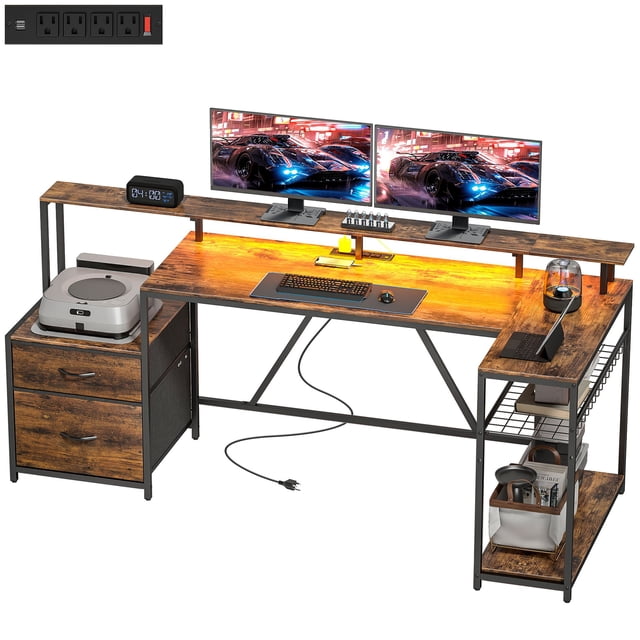 76" L-Shaped Gaming Desk with RGB Lights, Computer Table with USB Ports, Monitor Stand & 2 Fabric Drawers, Rustic Brown Particleboard & Steel Desk for Home Office or Bedroom