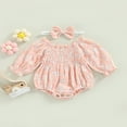 thumbnail image 2 of Infant Baby Girl Floral Long Sleeve Romper Headband Outfits Off Shoulder Ruffles Bodysuit Autumn Clothes, 2 of 6