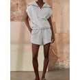 thumbnail image 2 of Women Two Piece Outfits Tracksuit Half Zip Lapel Cap Sleeve Sweatshirt High Waist Drawstring Shorts Set Sweatsuit, 2 of 6