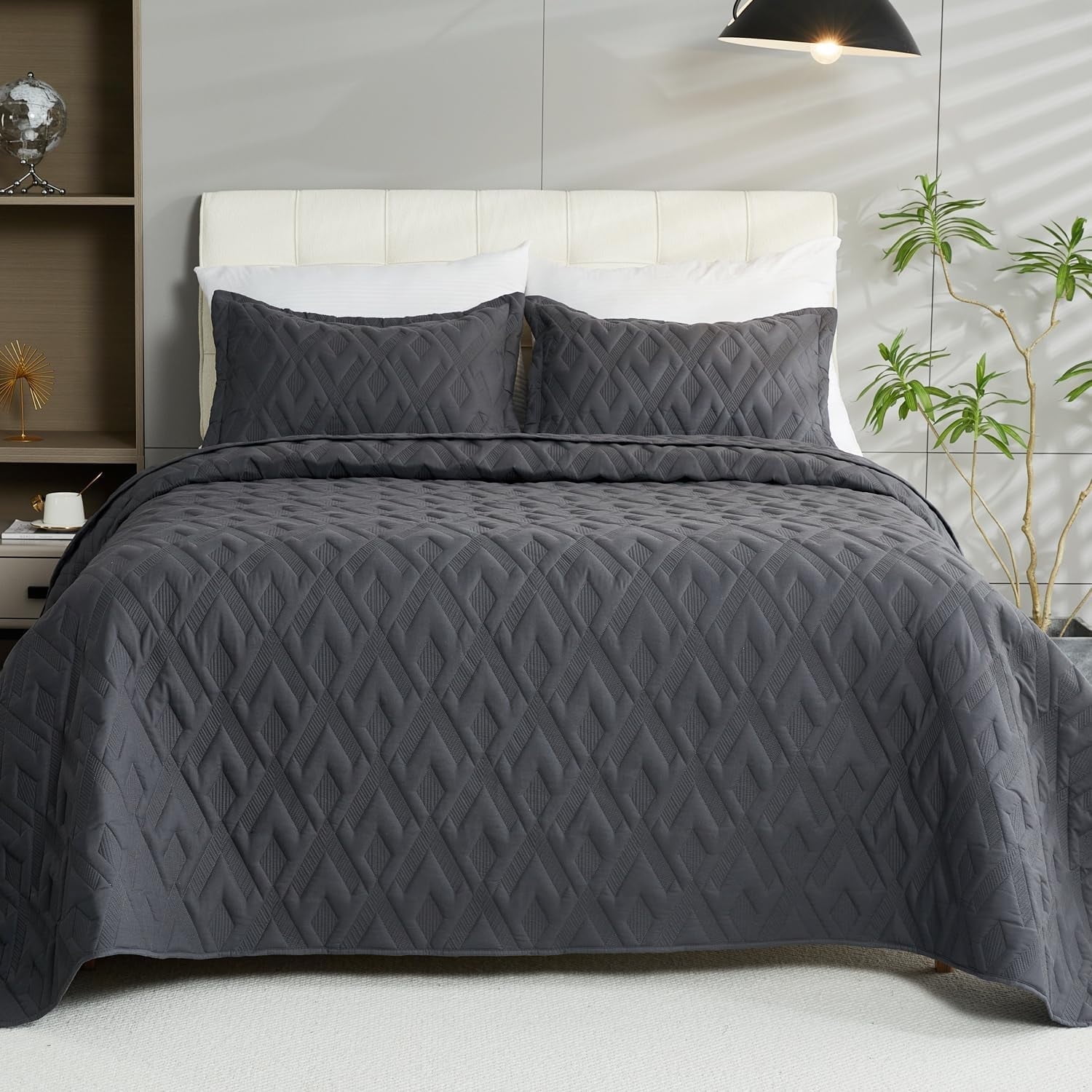 Evenhug 3 Piece King Size Quilt Set Gray Geometric Bedspread for All Seasons