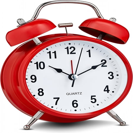DESIGNICE Analog Alarm Clock 4 Twin Bell Vintage Red Silent Non Ticking Quartz Battery Operated Extra Loud with Backlight for Bedside Table Desk,Retro Clocks Old Fashioned for Heavy Sleepers
