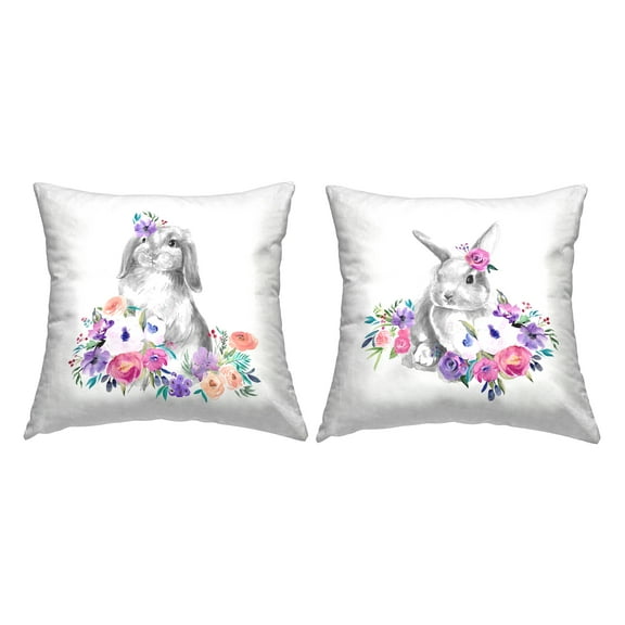 Stupell Industries Rabbits with Spring Florals Square Decorative Printed Throw Pillow, 18 x 18, Set of 2