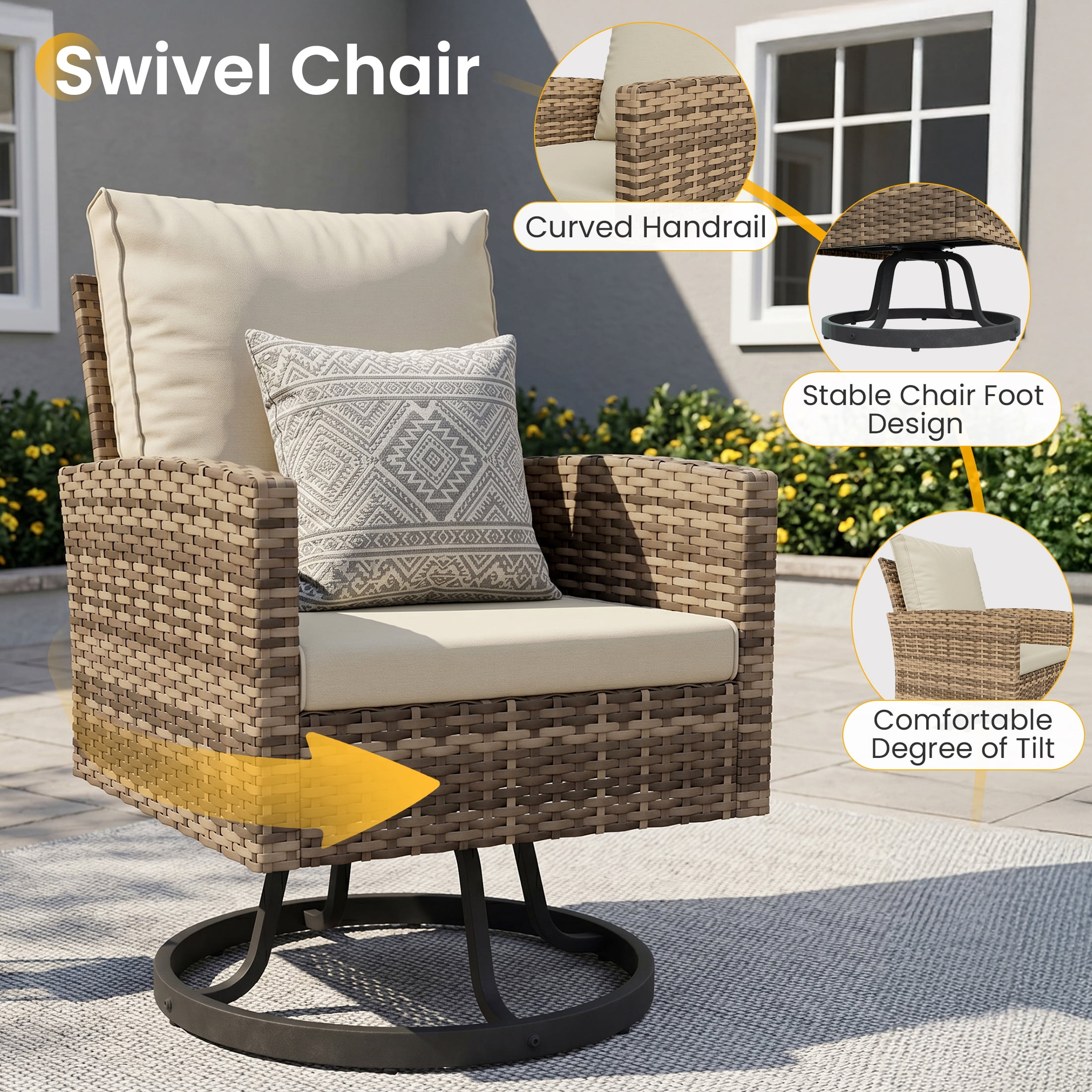 TECHMILLY 6 Pieces Outdoor Conversation Set, All-Weather Wicker Rattan Outdoor Sectional Sofa Set with Ottoman and Swivel Chairs for Poolside, Backyard，Yellow Brown Wicker Beige Cushions
