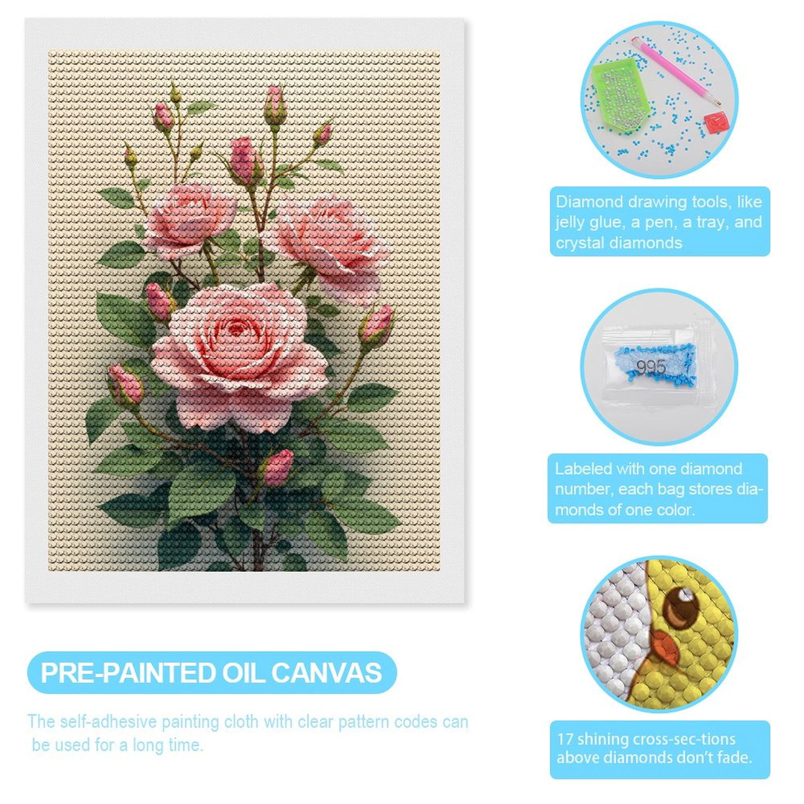 Diamond Art Kits for Adults, Pink Roses Blooming Elegance 5D Diamond Painting Kits for Adults Beginners, DIY Full Drill Diamond Painting, Gem Art and Crafts 12x16