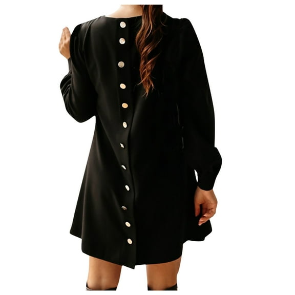 LLYwey s Ruched Dresses for Women Casual Fashion Lining Long-Sleeve Round Neck Dress with Metal Buttons New Cocktail Dresses Black L