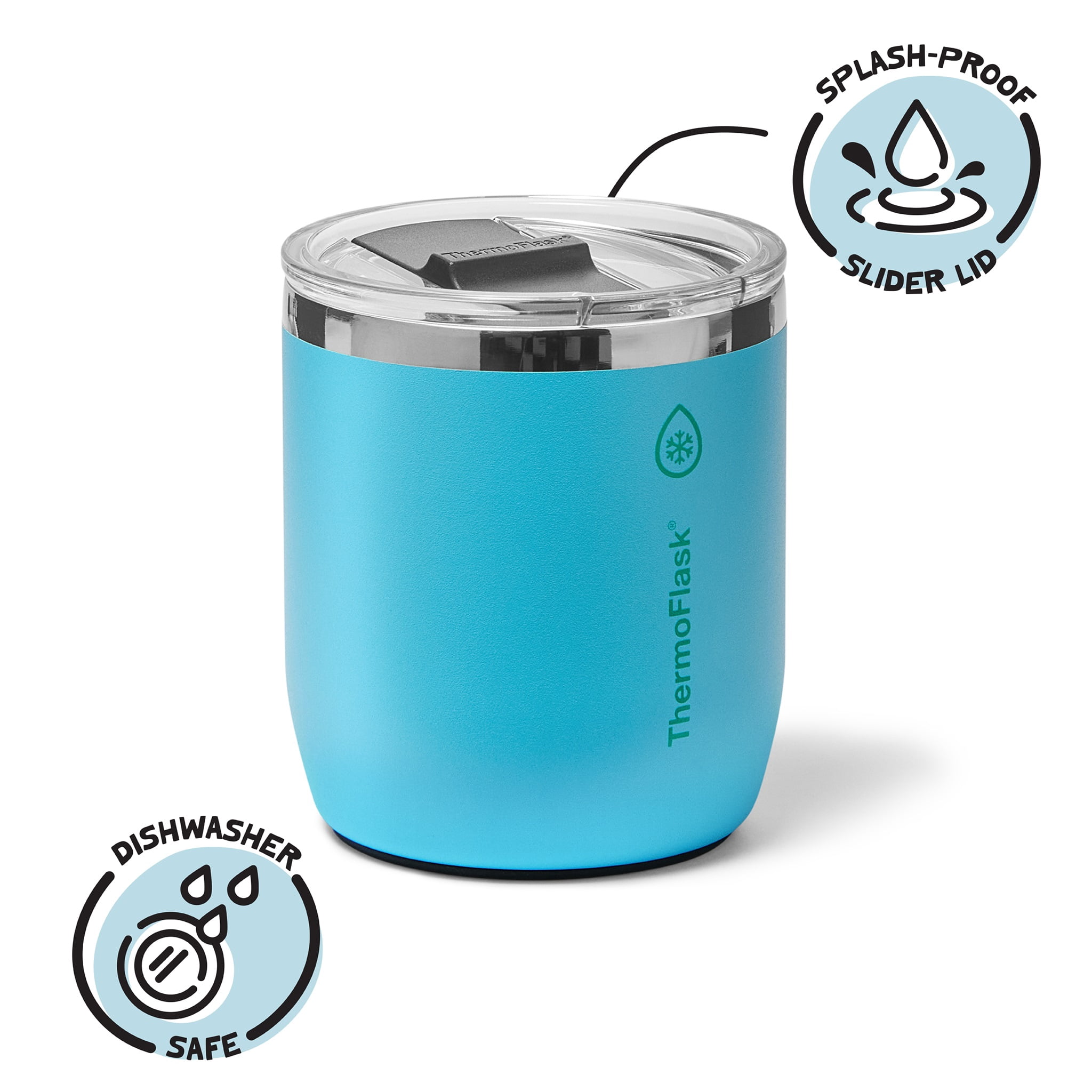 ThermoFlask Drinkware 10 oz Lowball Tumbler - Double-Wall Insulated for Cold & Hot Drinks - Lightweight & Simple with Innovative Press In Slider Lid - Modern & Durable -Vivid Blue