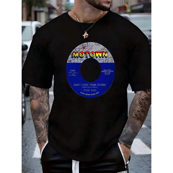 MOTOWN- Men'S Casual Cotton-Shirt,Round Neck Street Fashion Outfits ,Best Choice Gifts For Men, Valentine's Day, Black Shirt Men Shirts Graphic Tee