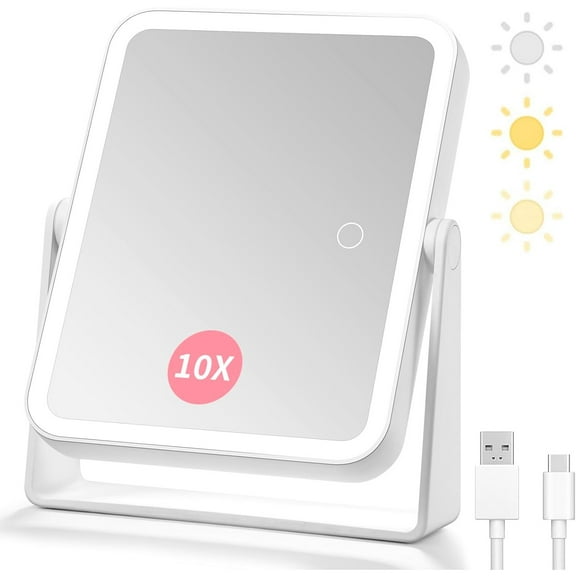 Rechargeable Travel Lighted Makeup Vanity Mirror with Lights and Magnification, Portable 10X/1X Magnifying Led Desk Mirror Makeup with 3 Color Light