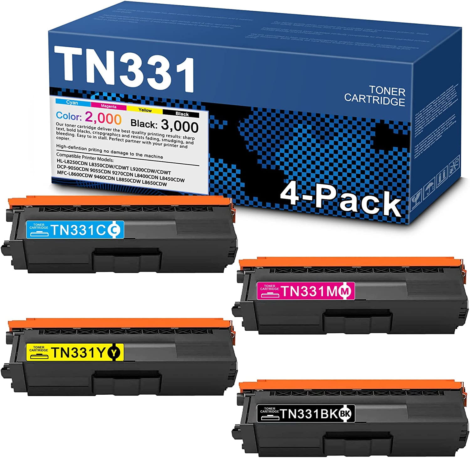 4-Pack, 1BK+1C+1M+1Y) TN331BK TN331M TN331Y Toner Cartridge Compatible Replacement Brother TN-331 HL-L8250CDN L9200CDW/CDWT DCP-9270CDN L8450CDW Printer - Walmart.com