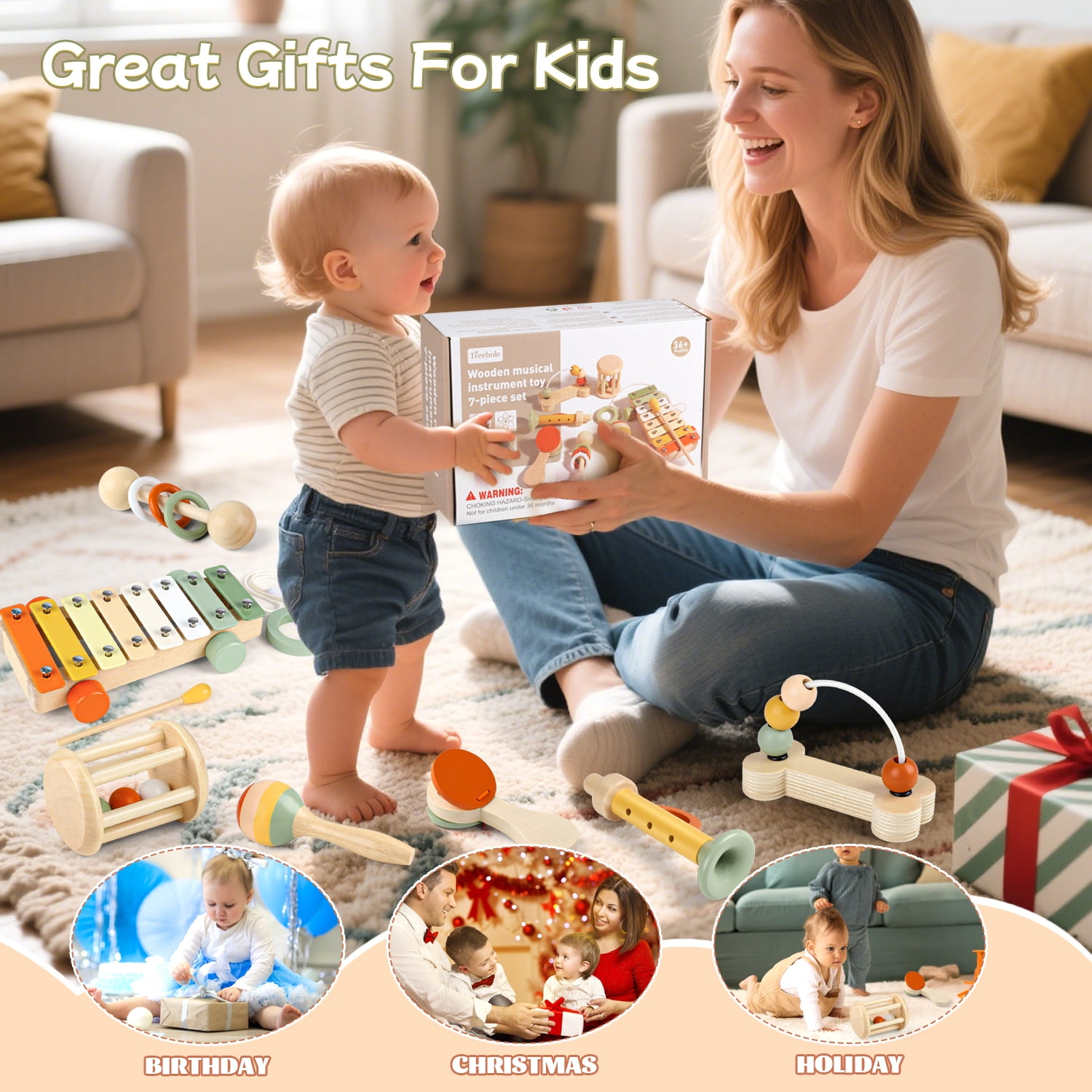 Carsky 7-in-1 Wooden Baby Music Toy Kit, Rattles, Xylophone, Beads Maze & More, Educational Sound Activity Set for Infants Toddlers 1-3