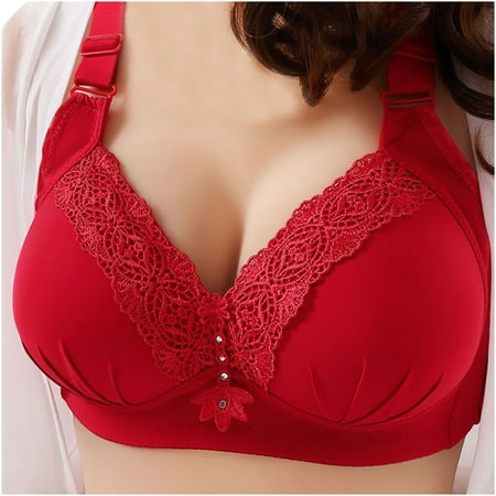 

BUIgtTklOP Bras for Women Women Solid Lace No Steel Ring Thin Mold Cup Back Four Rows of Buckles Push Up Bra Underwear Red XL