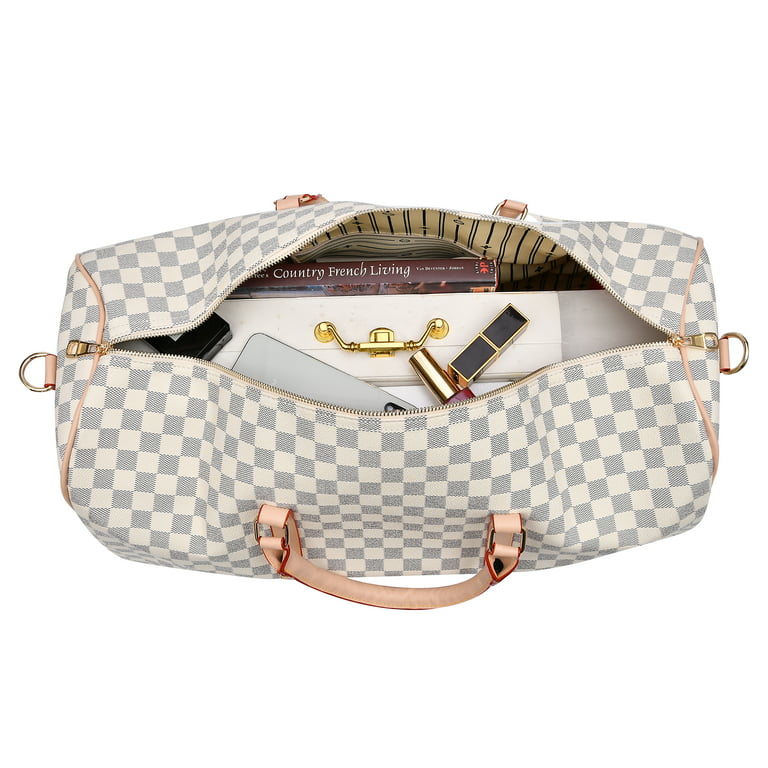 MK Gdledy Checkered Travel PU Leather Weekender Overnight Duffel Bag  Shoulder tote Handbag Travel Gym Bag Mens Women (white Checkered)