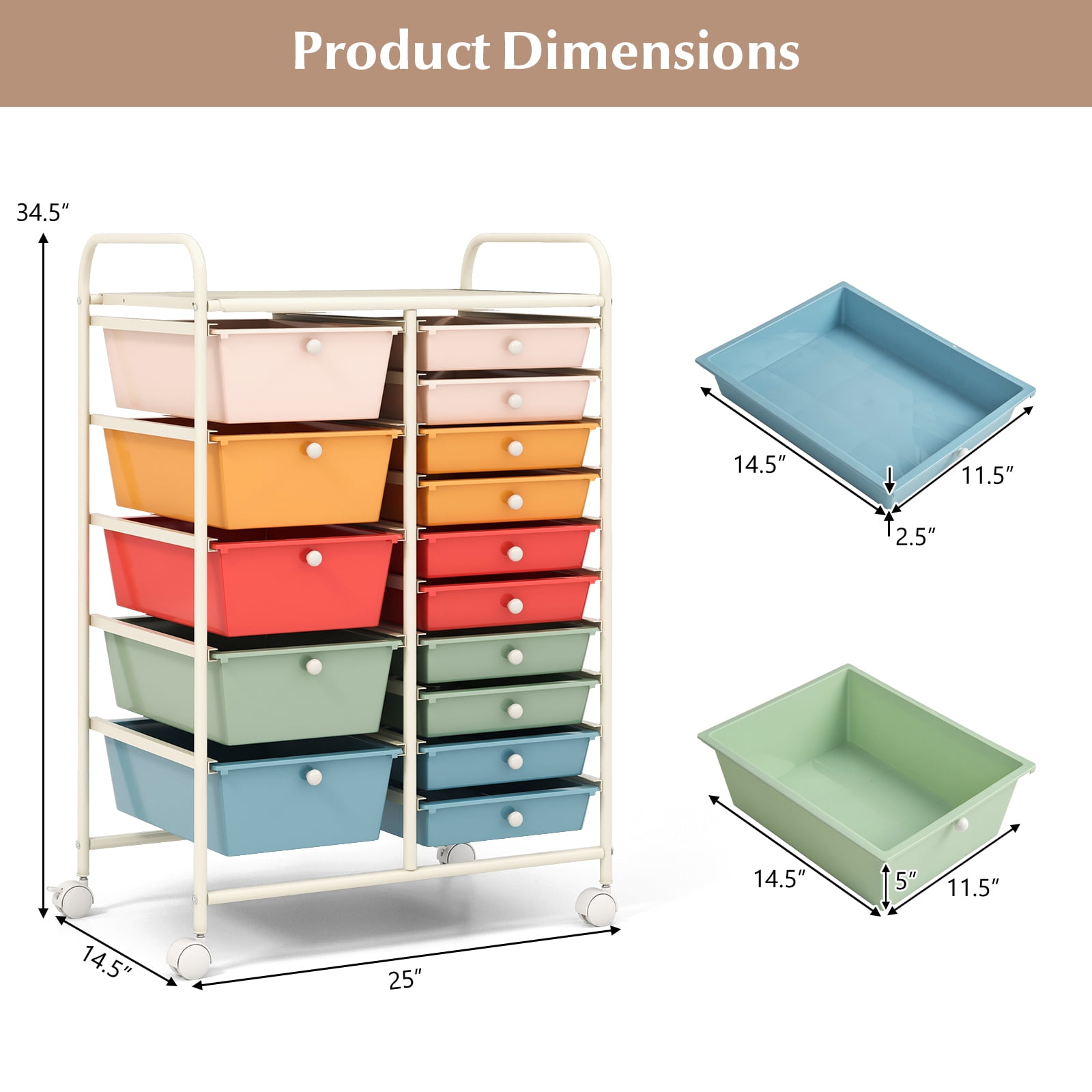 Costway 15 Drawer Art & Craft Rolling Storage Cart Tools Scrapbook Paper Office School Organizer Macaron
