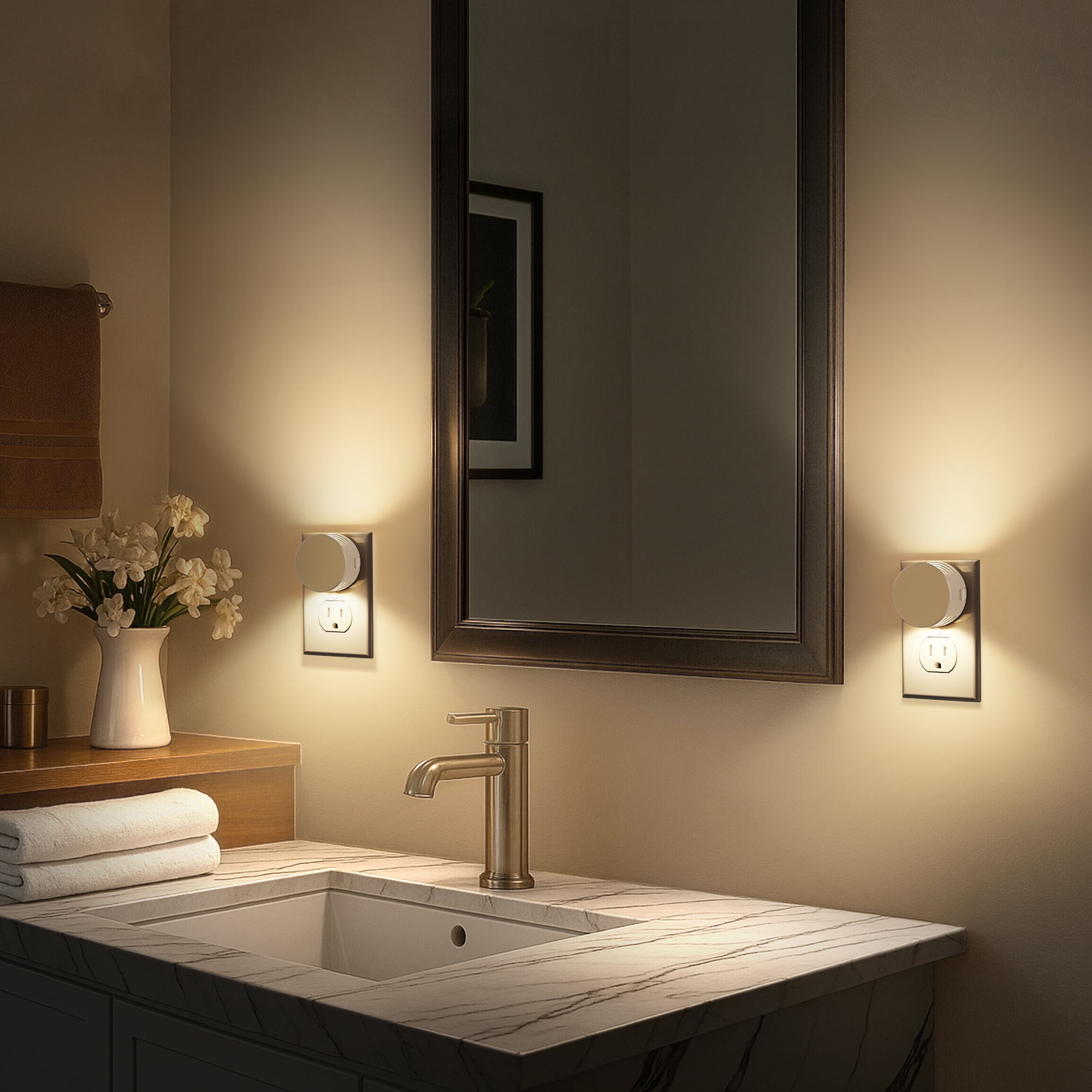 YANSUN 2-Pack 1-Watt Integrated LED Plug in Round Wall-Like Night Light with Light Sensor, Warm White 3000K, Button Adjustable for Bedroom Living Room