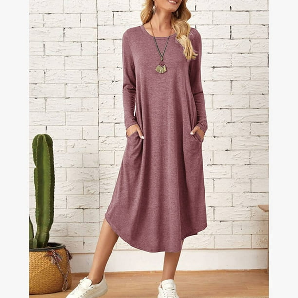 Womens Fall Long Sleeve Cotton Linen Dress Scoop Neck Casual Loose Tunic  Dress Solid Color Comfy Midi Dress with Pockets