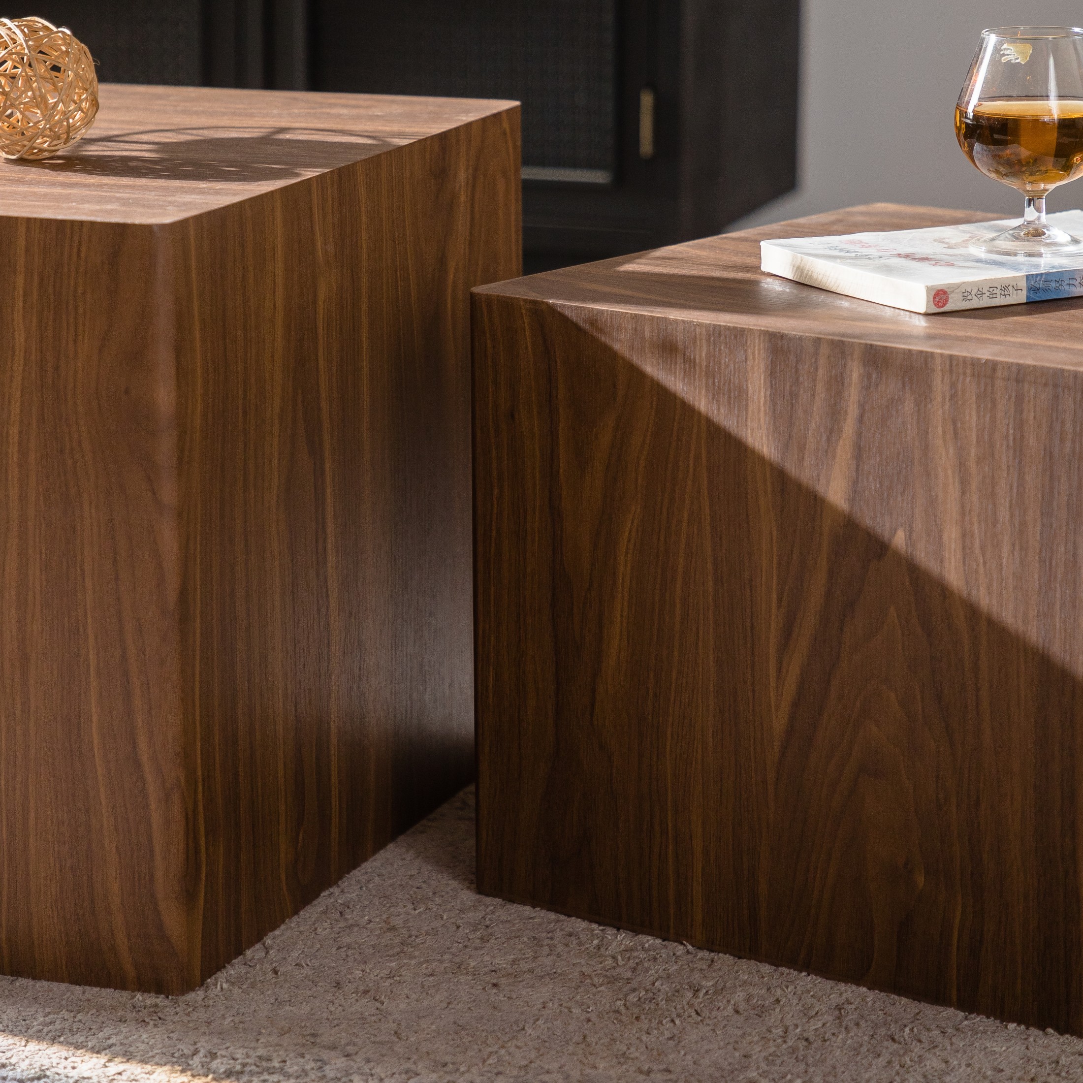 Noble House Carl Nesting Cube Coffee Tables, Modern Wooden Grain Side Tables for Small Spaces, Walnut, Set of 2