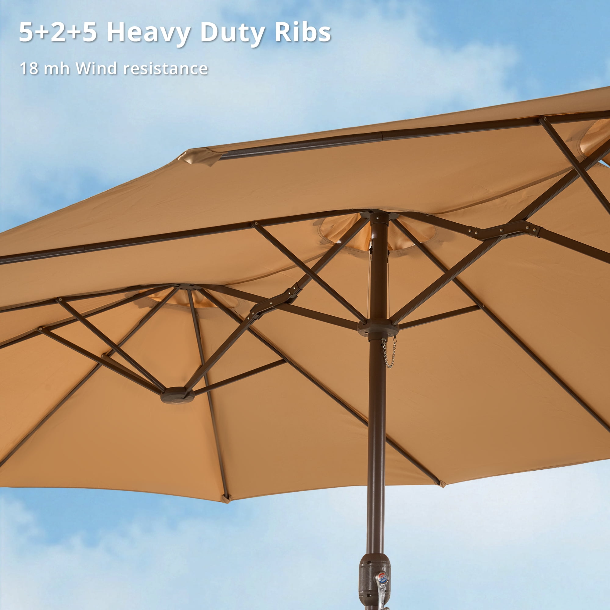 Vcatnet 15ft Large Patio Umbrella with Solar Lights Outdoor Double-Sided Rectangle Market Umbrella with Crank Handle and Base, Khaki