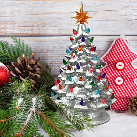 15'' Prelit Ceramic Tabletop Christmas Tree Silver Hand-Painted Battery Powered w/ 66 Colorful