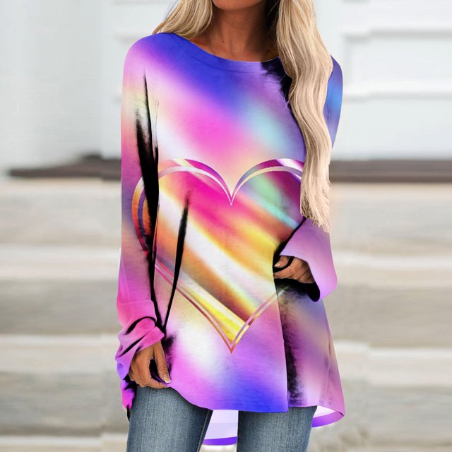 Qertyioot Chemise Cœur d'Amour Pull de la Saint-Valentin, Mode Été pour Femmes Imprimé Col Rond Manches Longues Ample Blouse