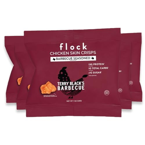 Chips de piel de pollo Flock Keto | Sabor BBQ de Terry Black | Pieles de pollo frito bajas en carbohidratos, altas en proteínas, sin azúcar y sin gluten para personas | (1 oz) Paquete de 8 chips cruji