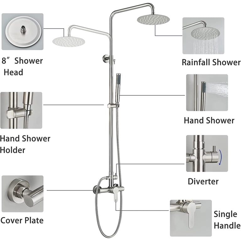 Aolemi Outdoor Shower Faucet Combo – 304 Stainless Steel, 8” Rainfall Head + Hand Spray, Brushed Nickel, Wall Mount, Dual Function, Adjustable Height 33.4”–51”