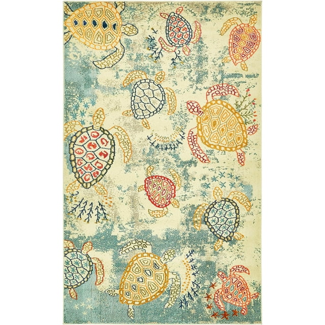 Unique Loom Positano Collection Coastal Modern Turtles Area Rug, 5' 0 x 8' 0, Beige/Blue