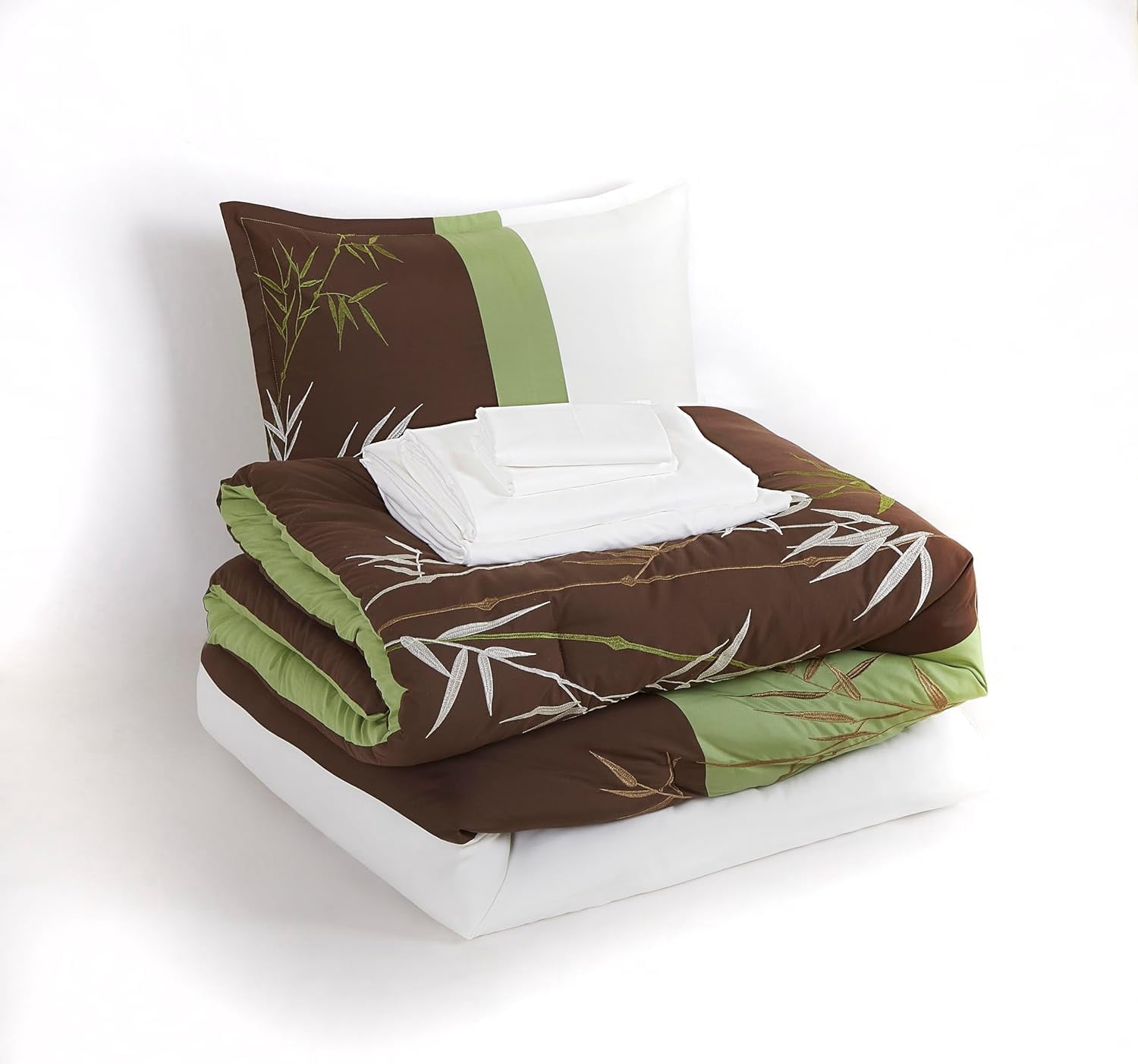 Chezmoi Collection Simon 7-Piece Bamboo Embroidered Bed in a Bag Comforter Set King Size, Sage Green Brown Ivory Bamboo Grass Microfiber Comforter Bedding with Sheet Set