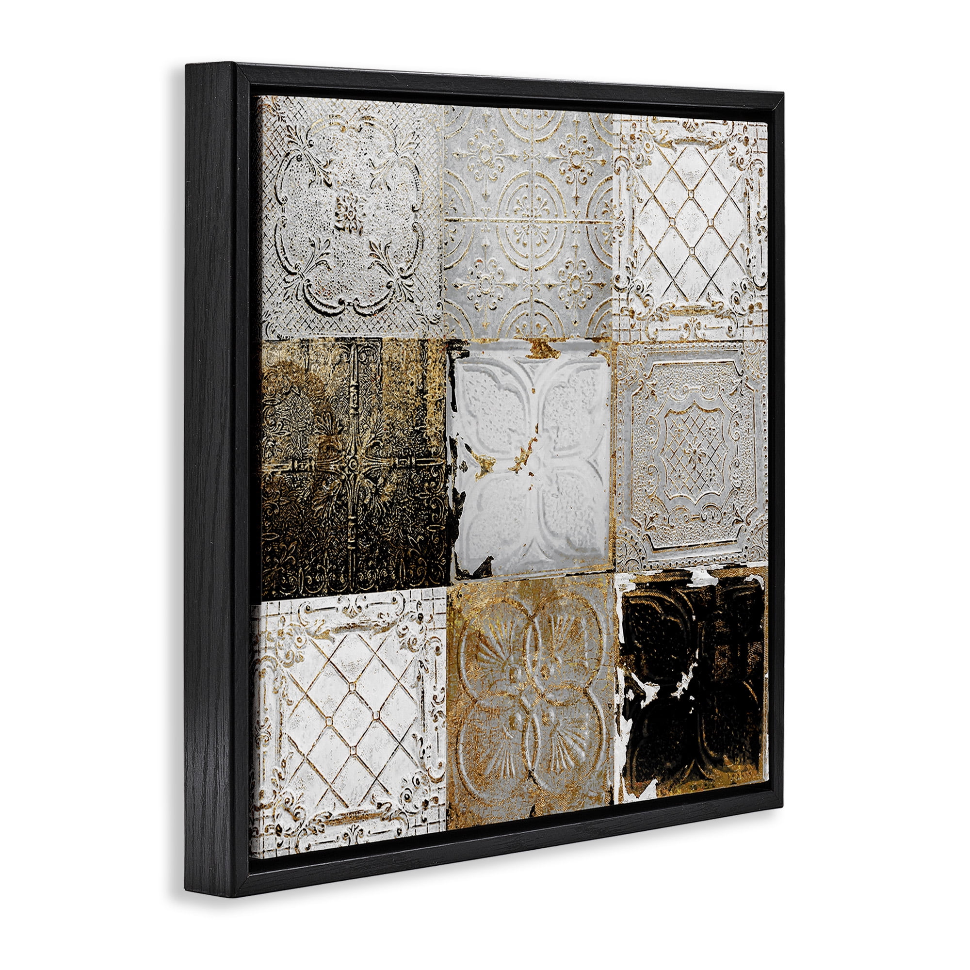 Stupell Industries Antique Ceiling Tile Collage Botanical & Floral Photography Black Floater Framed Canvas Art Print Wall Art, 25 x 25