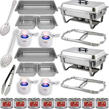 Chafing Dish Buffet Set w/Fuel — Folding Frame + Divided pan (4qt x 2) + Food Pan (8 qt) Water Pan + 4 Fuel Holders + 8 Fuel Cans + Utensils (11” Solid & Perforated Spoon + 9” Tongs) 2 Full Warmer Kit