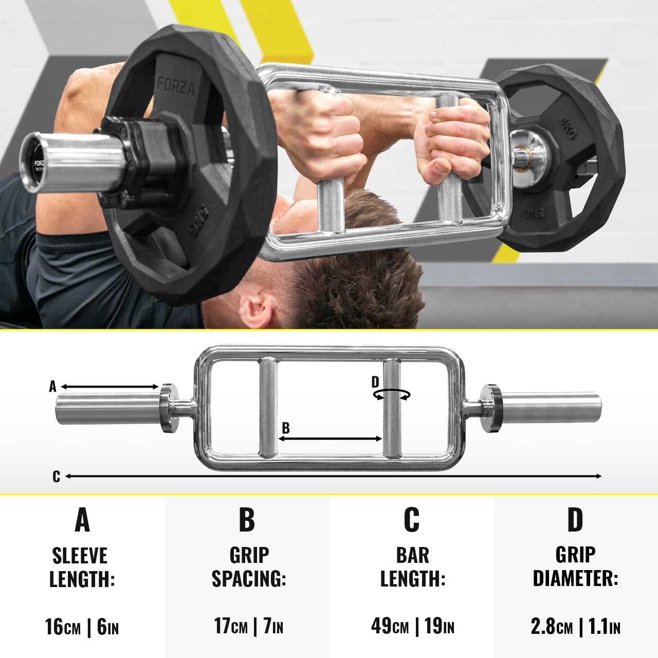 FORZA Olympic Tricep Bar | 20lb Steel Barbell with Chrome Finish – Strength Training for Triceps, Biceps & Shoulder Workouts