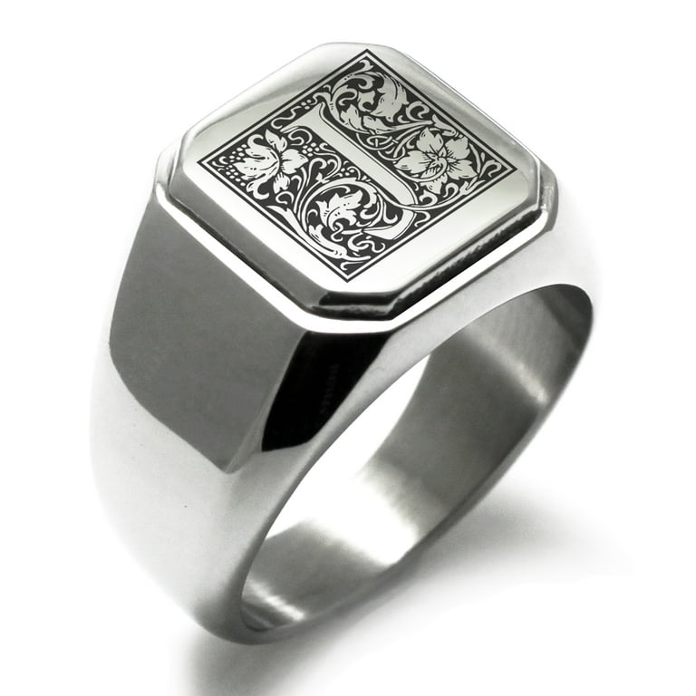Stainless Steel Letter J Initial Floral Box Monogram Engraved Engraved  Square Flat Top Biker Style Polished Signet Ring 