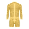 thumbnail image 4 of ZVNAΖH Men's Lace 2-Piece Set Geometric Crochet Long Sleeve Mandarin Collar Shirt & Shorts Summer Beach Vacation Outfit, 4 of 5