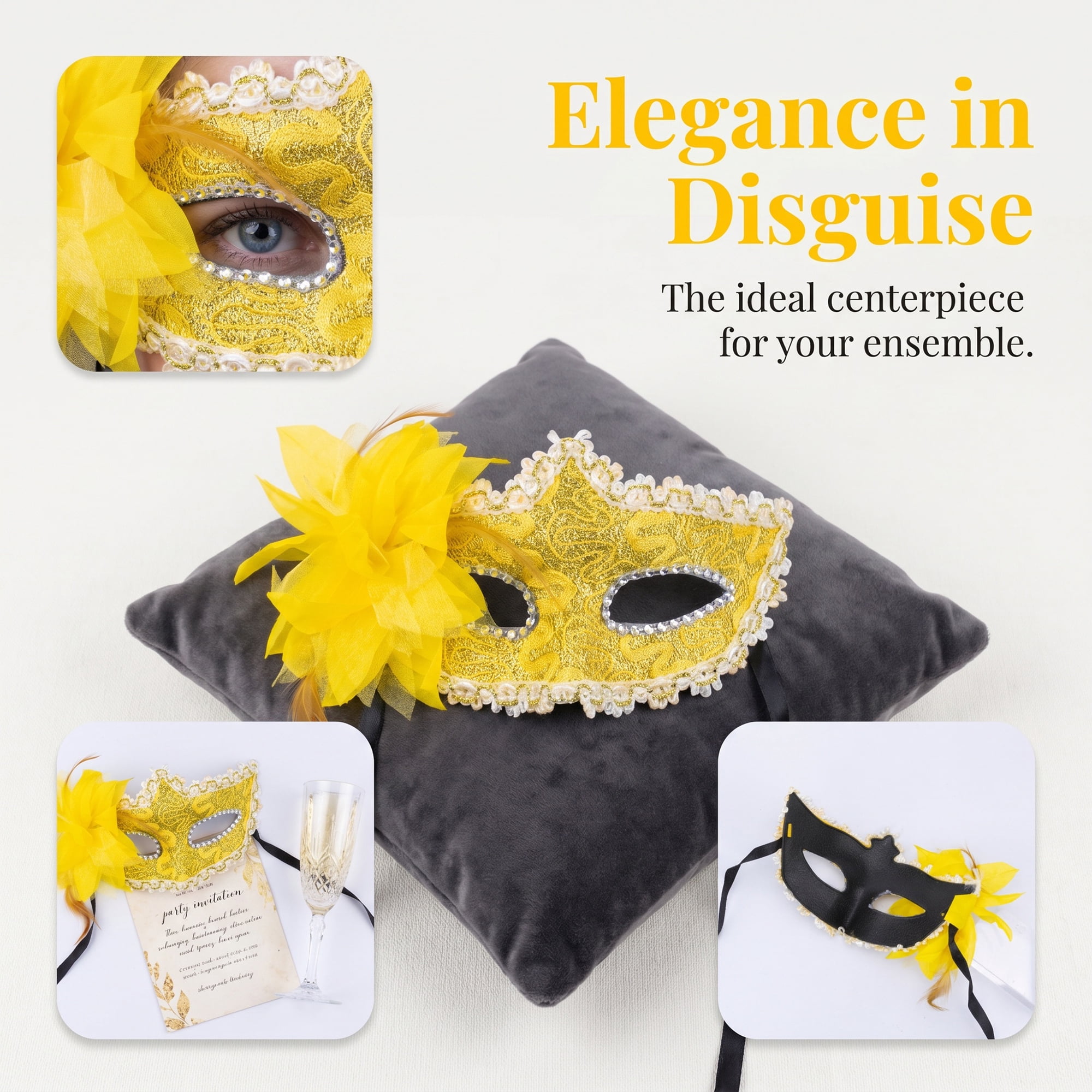 Unique Bargains Venetian Masquerade Mask, Side Flower Rose Eye Mask Gold 6.3" x 4.3"