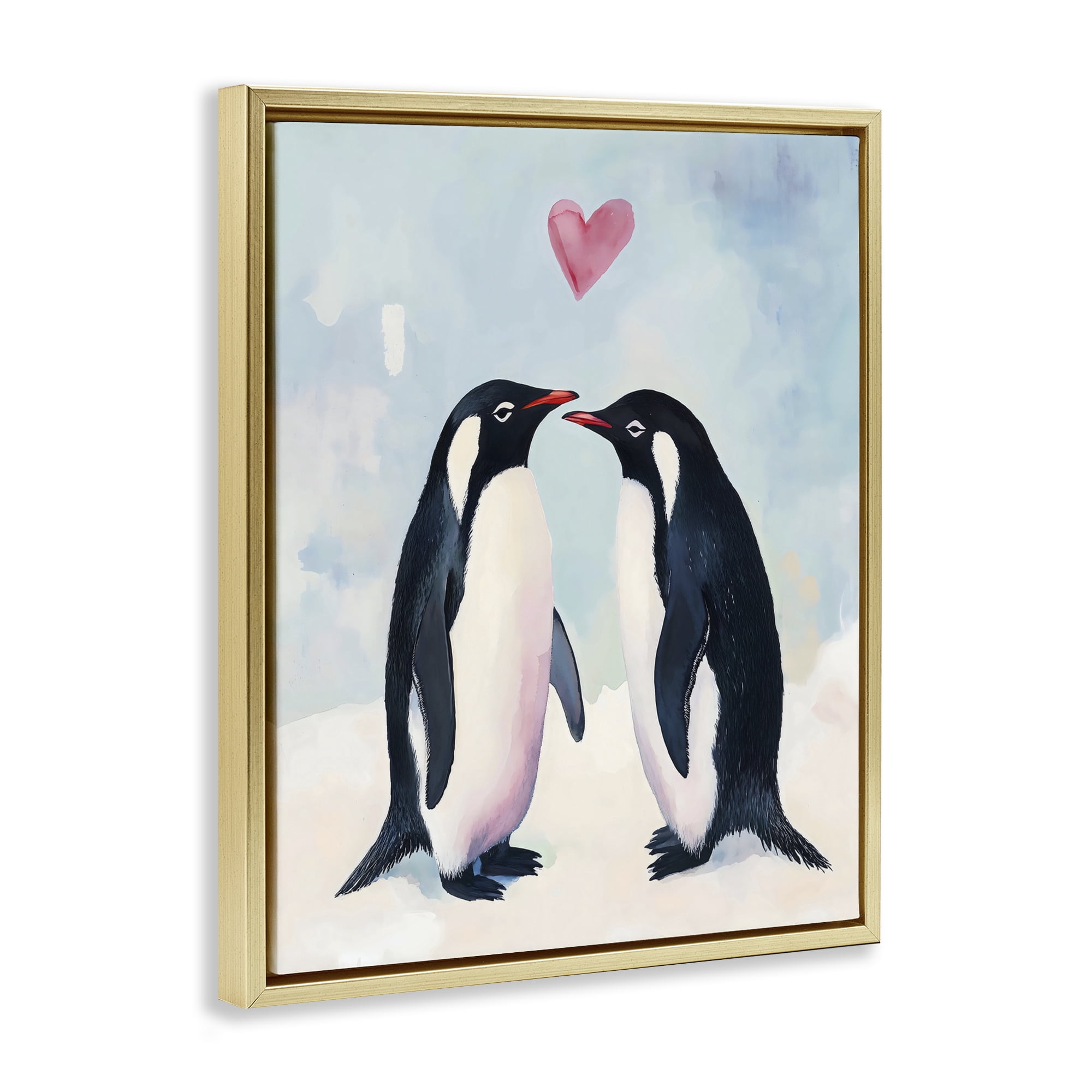 Stupell Industries Penguin Love with Heart Gold Framed Floater Canvas Wall Art, design by The Prints Vibe