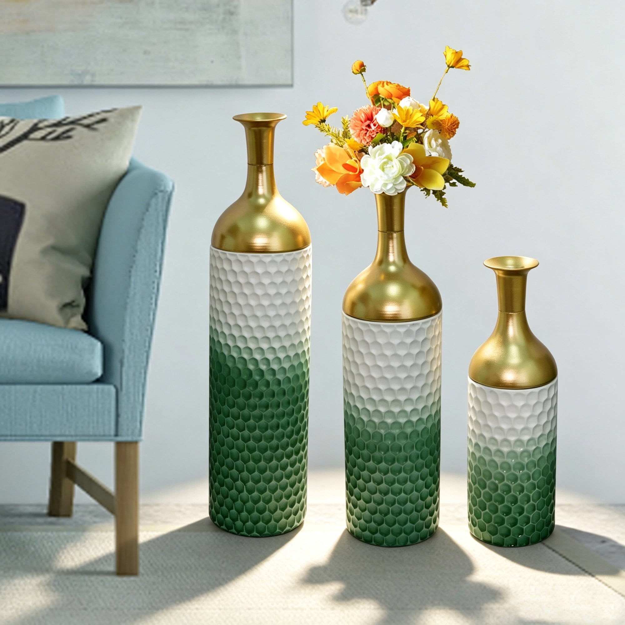 Leumius Decorative Metal Vases Set of 3, Green Leaf Pattern Floor Vases, Green &White Tall Vases for Home Decor, Living Room Entryway Decor