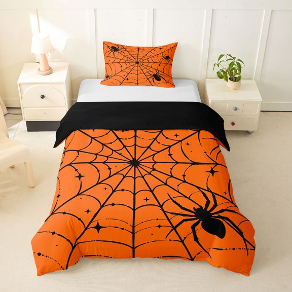 Homewish Halloween Spider Web Twin Duvet Cover for Kids, Vintage Spooky Theme Twin Bedding, Black Reversible, 2-Piece, 1 Duvet Cover and 1 Pillowcase
