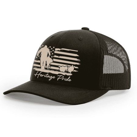 Heritage Pride Hunter with Wild Turkey Distressed American Flag Mens Embroidered Mesh Back Trucker Hat Solid Coffee